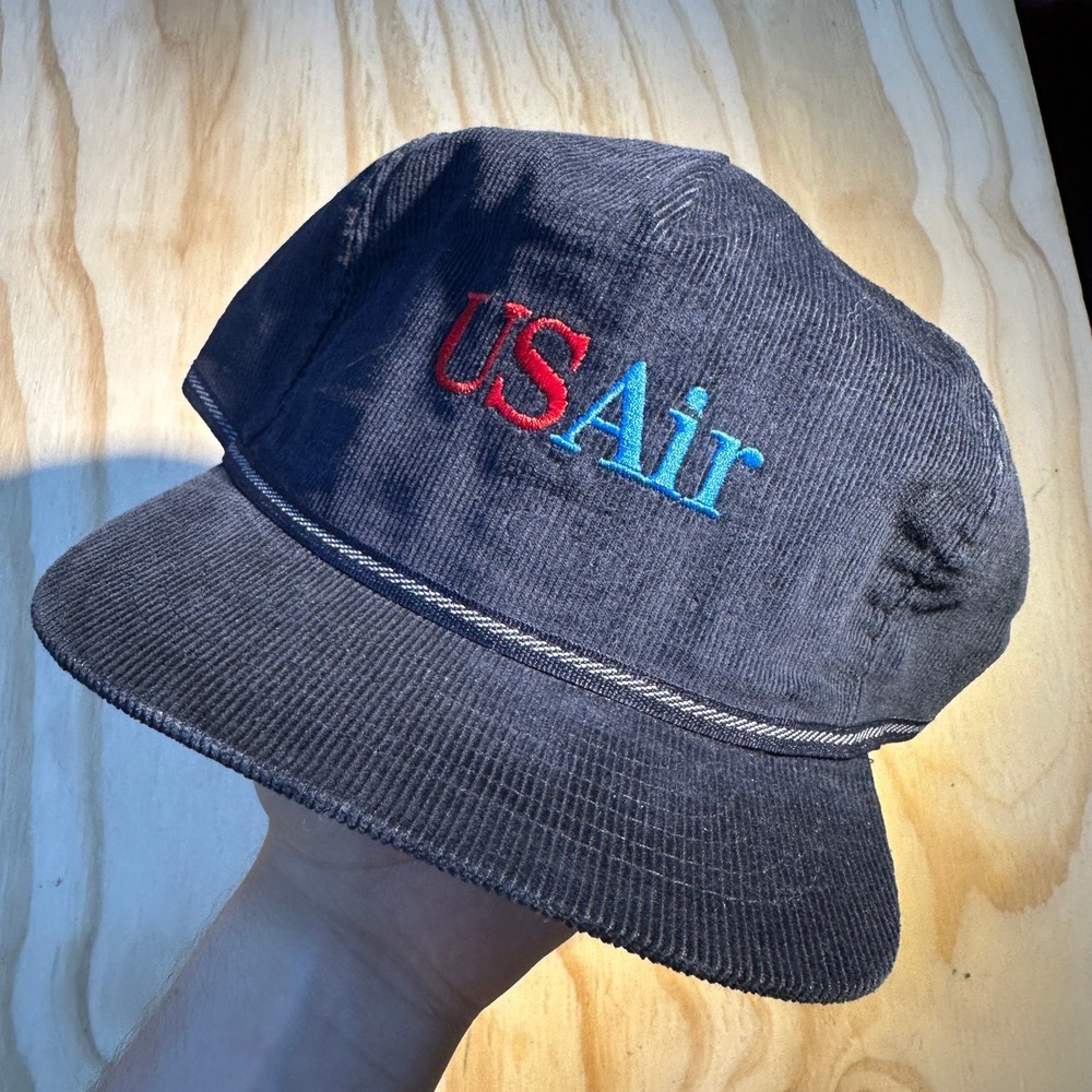 Vintage USAir Corduroy Snapback Hat Navy Blue Airline Aviation Logo Cap OSFM